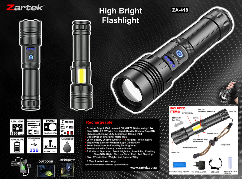 Load image into Gallery viewer, Zartek ZA-418 LED Rechargeable Torch
