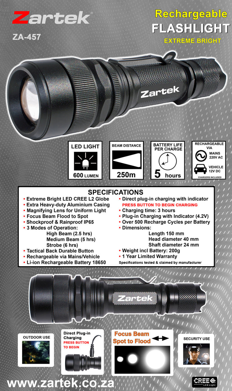 Load image into Gallery viewer, Zartek ZA-457 LED Rechargeable Torch
