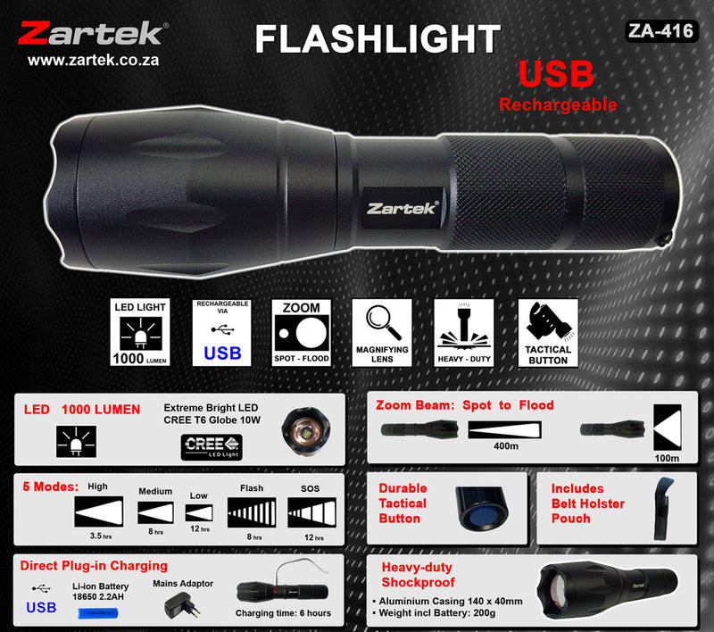 Load image into Gallery viewer, Zartek ZA-416 LED Rechargeable Torch
