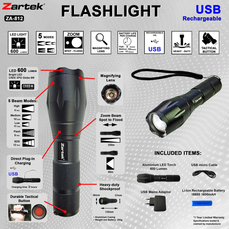 Load image into Gallery viewer, Zartek ZA-812 LED Rechargeable Torch
